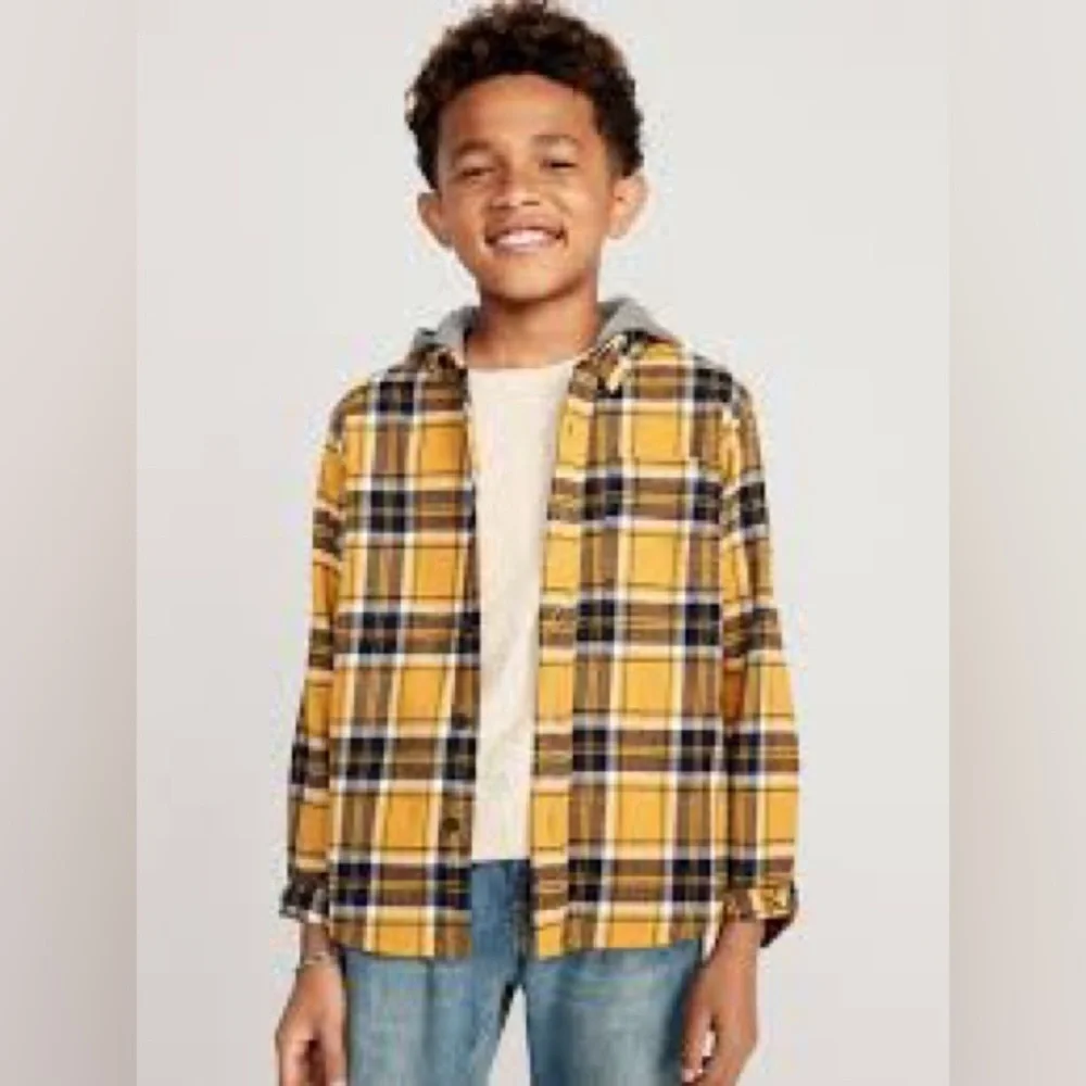 Old Navy Boys Hooded Flannel Shirt Size 10 Yellow Plaid